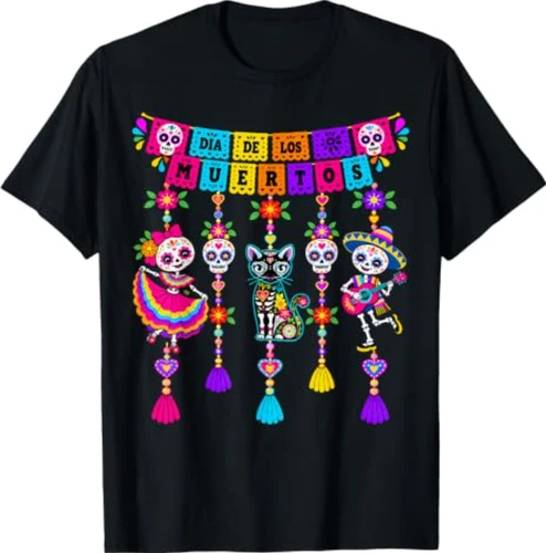 Dia de Los Muertos Sugar Skull Cat Dancing Skeleton T-Shirt - product listing photo
