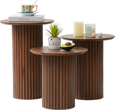 Round Nesting Coffee Table Set of 3,Mid Century Modern Fluted Coffee and End Tab