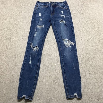 Kancan Womens sz 3 Jeans Blue Denim Dark Wash High Rise Skinny Distressed