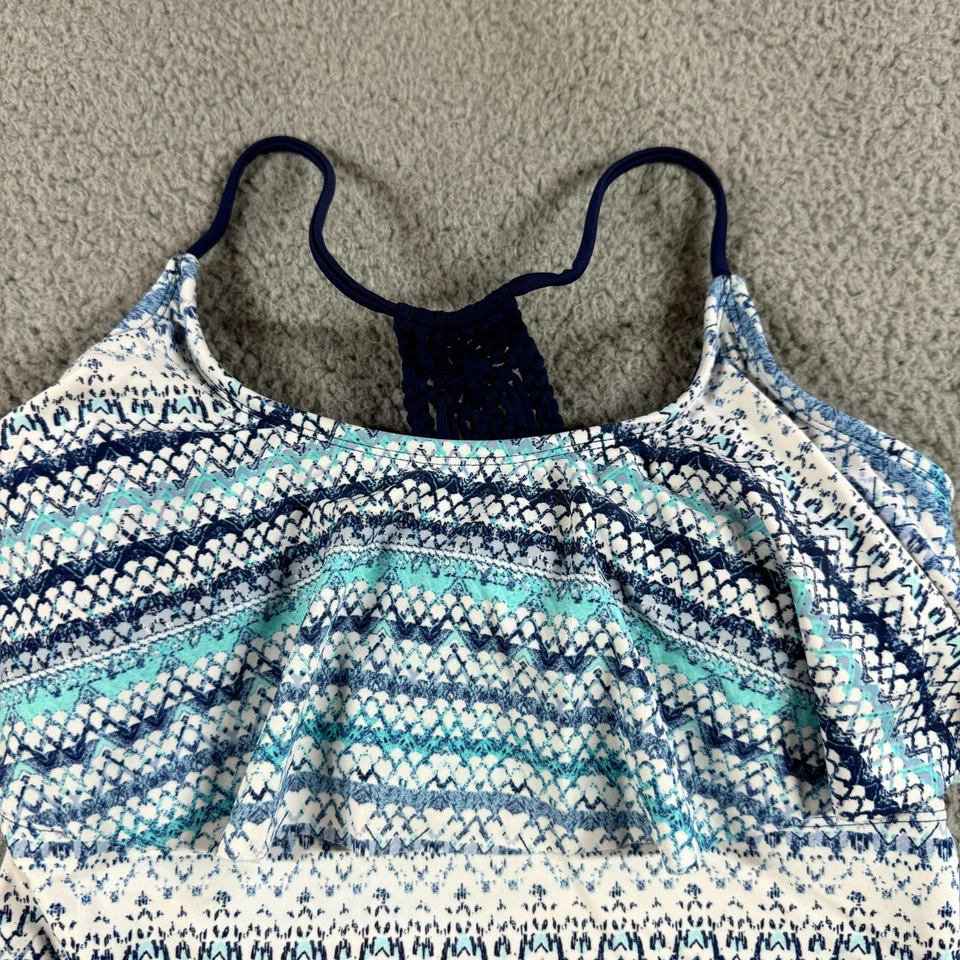 Tankini de natación forrado con almohadillas removibles geométricas de ganchillo M azul blanco para mujer Foto 2 de 4