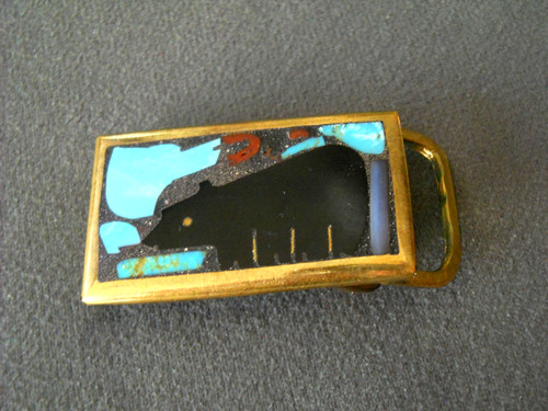 Vintage SHOWS & WELLS Southwestern Multi-Stone Jet Bear Inlay Bronze Belt Buckle