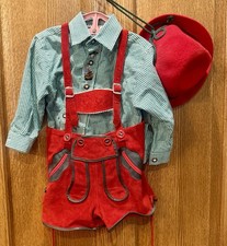 St Peter Trachten Boys 92 Red Leather Lederhosen, Green Checked Top, Hat German
