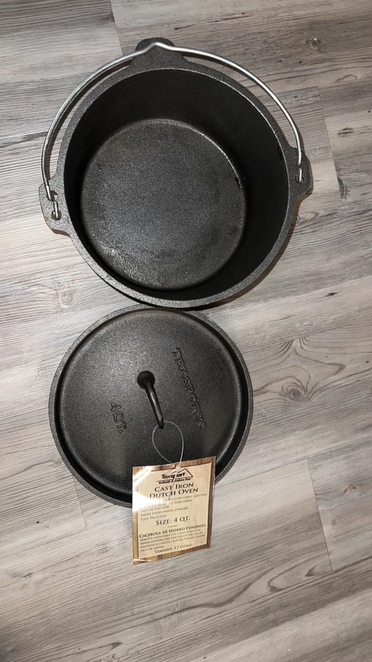 NUEVO HORNO HOLANDÉS de hierro fundido 4 cuartos 3 patas con tapa con brida exterior resistente camping 4 cuartos Foto 3 de 4