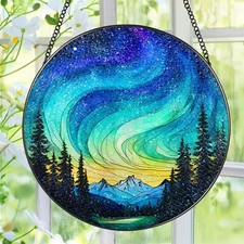 Stained Glass Window Hanging - 8 Inch Northern Lights Suncatcher for Window D...