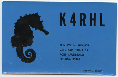 Vintage K4RHL Eleanor Hornor QSL Card Postcard Fort Lauderdale Florida Seahorse
