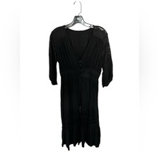 Black Boho Button Front Crochet Midi Dress / Beach Cover Up OS