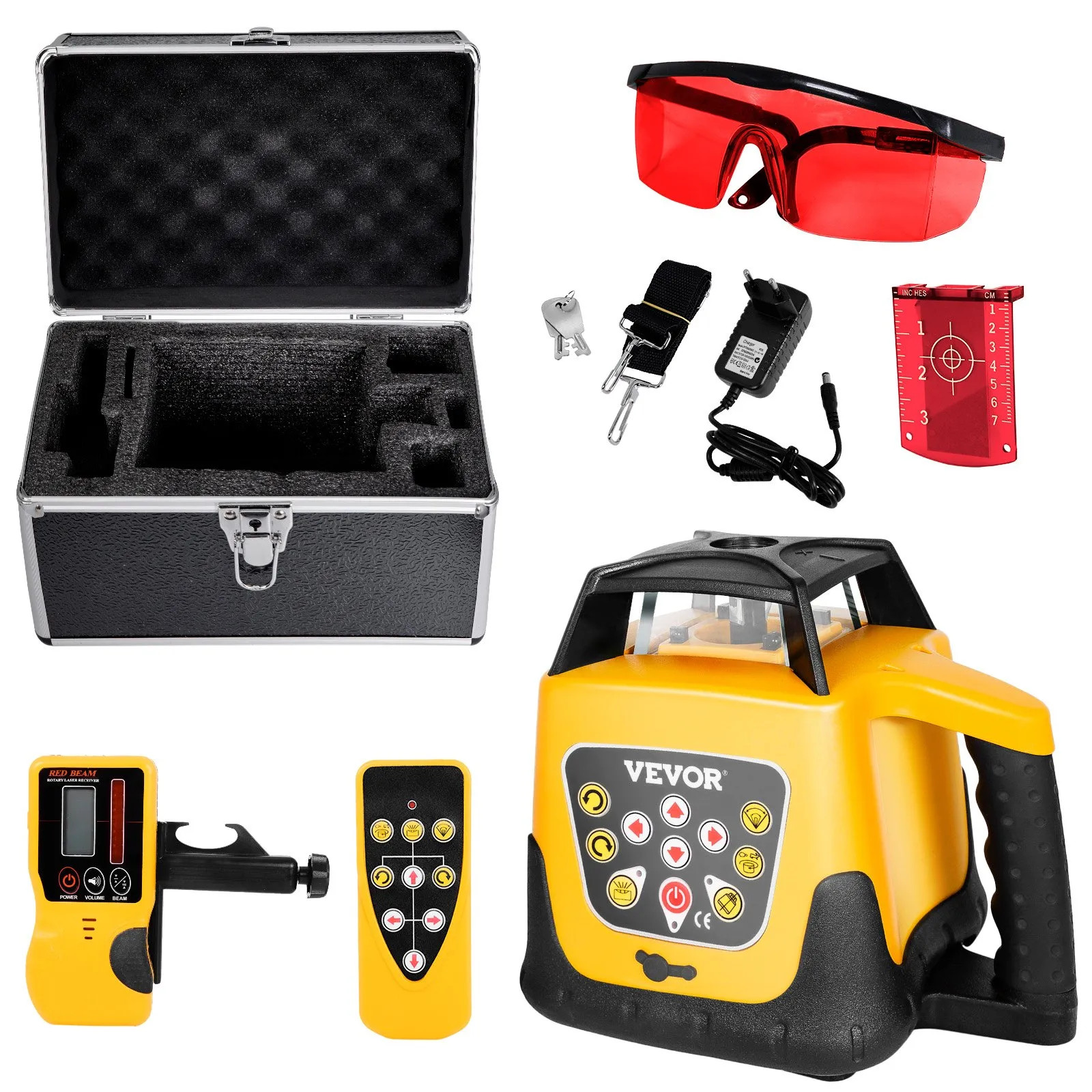 Kit Livella Laser Rotante Raggio Rosso Portata 300 m, Inclinazione Regolabile,