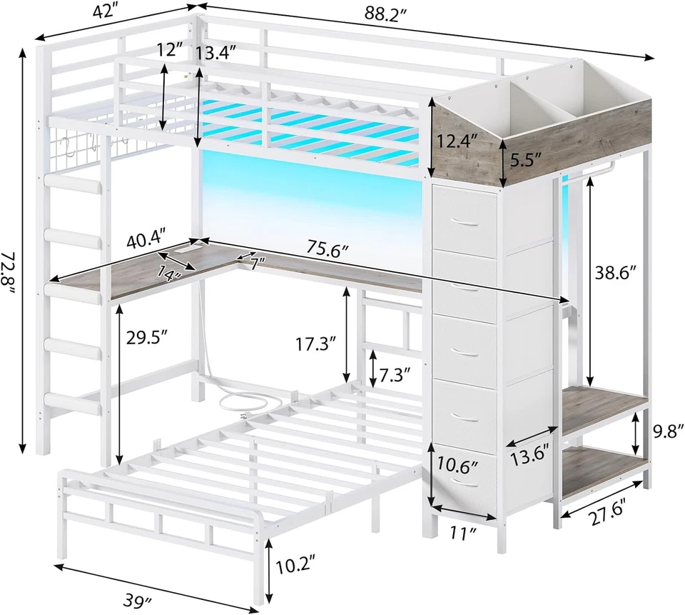 Bunk Bed Twin Over Twin with Hall Tree, L-Shaped Bunk Bed with Desk, Kids Bed - Image 3 of 4
