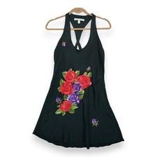 Vintage Y2k Victoria  s Secret Silk Mini Slip Dress Black Roses Print Size Medium