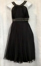 Versace Dress Black Silk Pleated Skirt Gathered Bust Silver Metal Trim Size 38