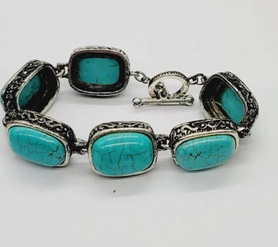 Faux Turquoise Rectangle Silver Tone Bracelet 7.5 in Boho Chunky Hippy - Image 4 of 4