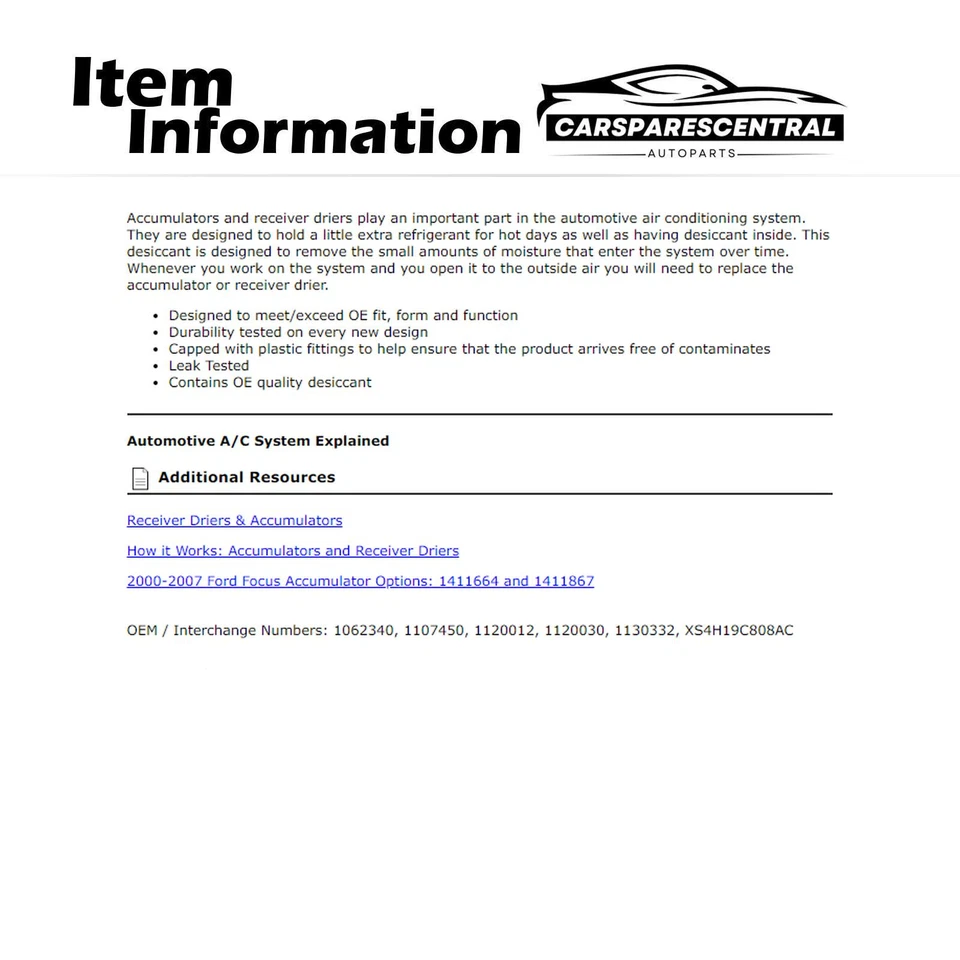 Acumulador de aire acondicionado para Ford Focus 2000 2001 2002 2003 2004 2005 2006 2007 2,0 L Foto 3 de 3