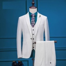 Men 3 Piece White Striped Peak Lapel Party Prom Groom Tuxedo Wedding Suit Custom