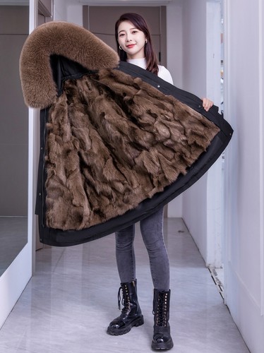 Womens Hooded Real Fox Fur Collar Detachable Lined Mid Long Knee Coat Parka Warm - Picture 5 of 36