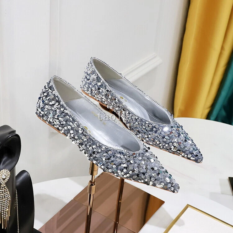 Zapatos sin cordones para mujer punta puntiaguda lentejuelas zapatos planos verano OL fiesta primavera talla Foto 2 de 4