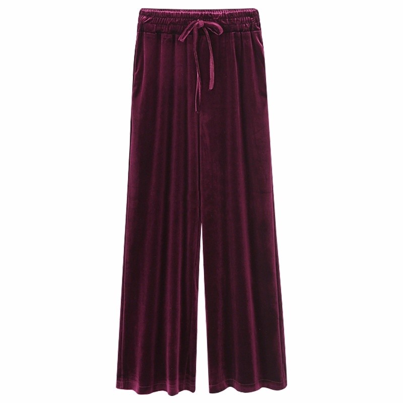 Lady Velvet Pleuche Pants Wide Leg Long Trousers Stretch Tie Waist Loose Casual