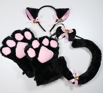 2 Color Cat Cosplay Kitten Tail Ears Collar Paws Gloves Anime Lolita Gothic Set