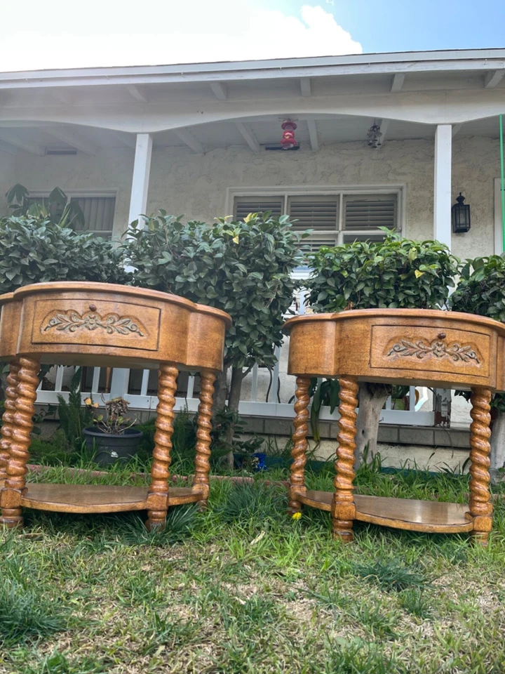 Vintage Pair Of   Walnut Twist Ornate Carved Side Table - Image 3 of 4