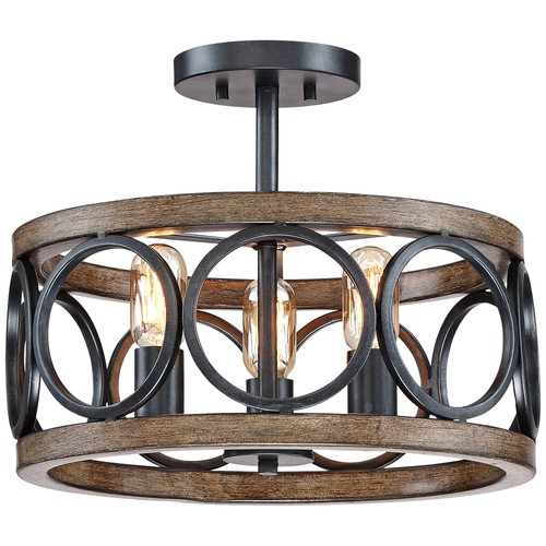 Salima Rustic Ceiling Light Semi Flush Mount Fixture 16" Black Wood 3-Light LED - Picture 8 of 8
