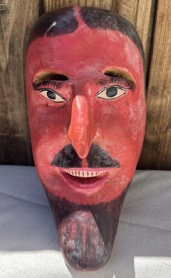 VINTAGE MEXICAN FOLK ART HAND CARVED WOOD FACE  MASK RED FACED GOATEE MAN