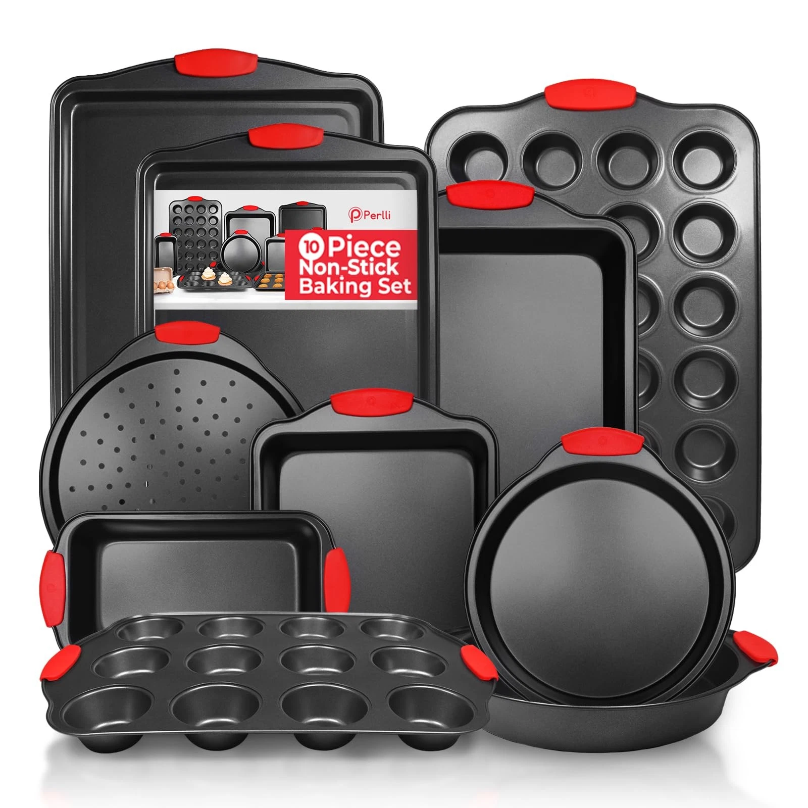 PERLLI Non-Stick 10-Piece Baking Pan Set, BPA-Free Carbon Steel 10 Piece, Red