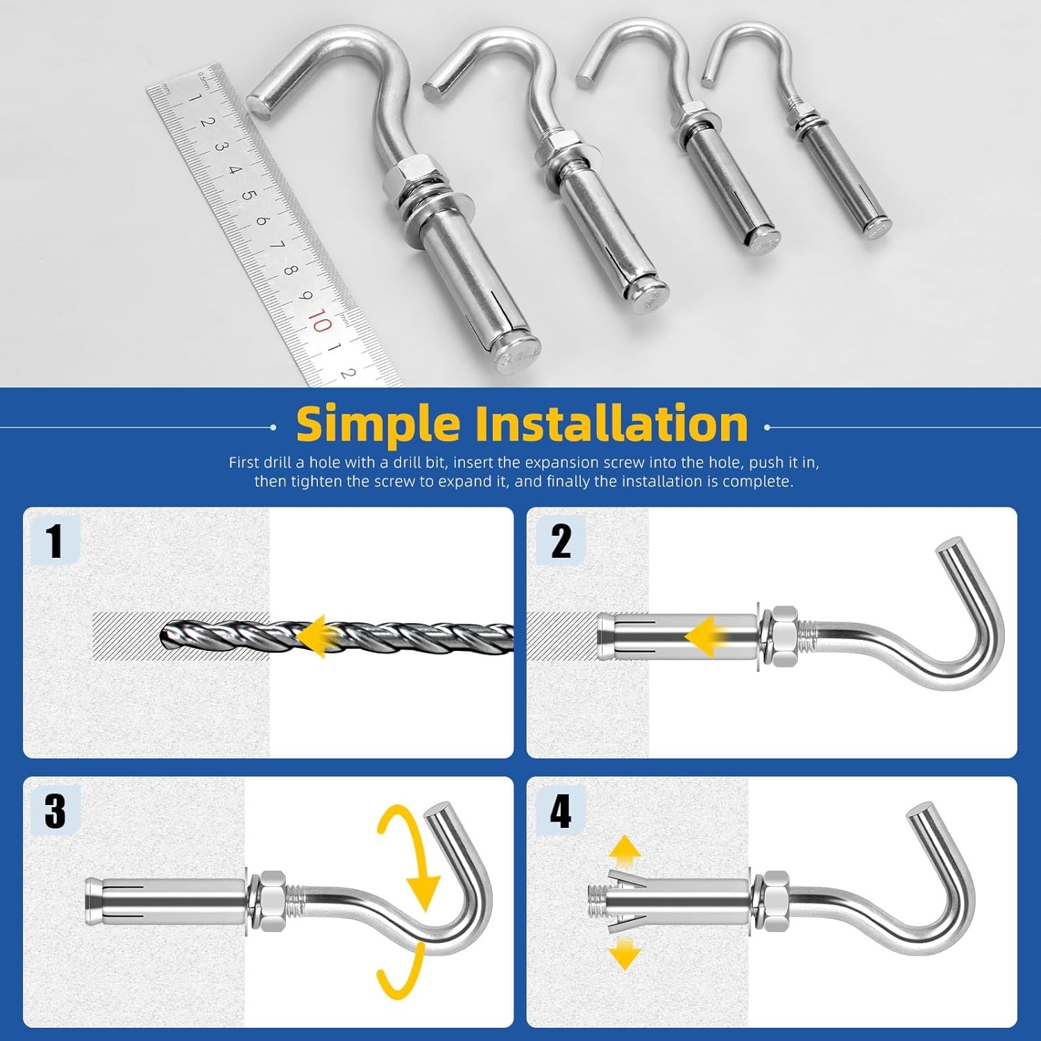 6PCS M10 Stainless Steel Expansion Screw Hooks Heavy Duty Concrete Wall Hanging
