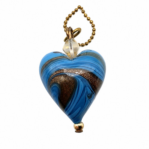 Murano Glass Blue Heart Pendant Necklace Gold Tone Chain Venetian Italy Style