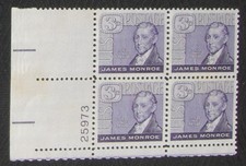 US 3¢ stamp SC #1105 James Monroe plate block MNH 1958 with 2 yellowish spots.