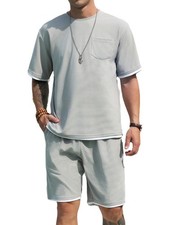 Men Short Sets Outfits 2 Piece Casual Tracksuits Set Breathable Waffle Shirt ...