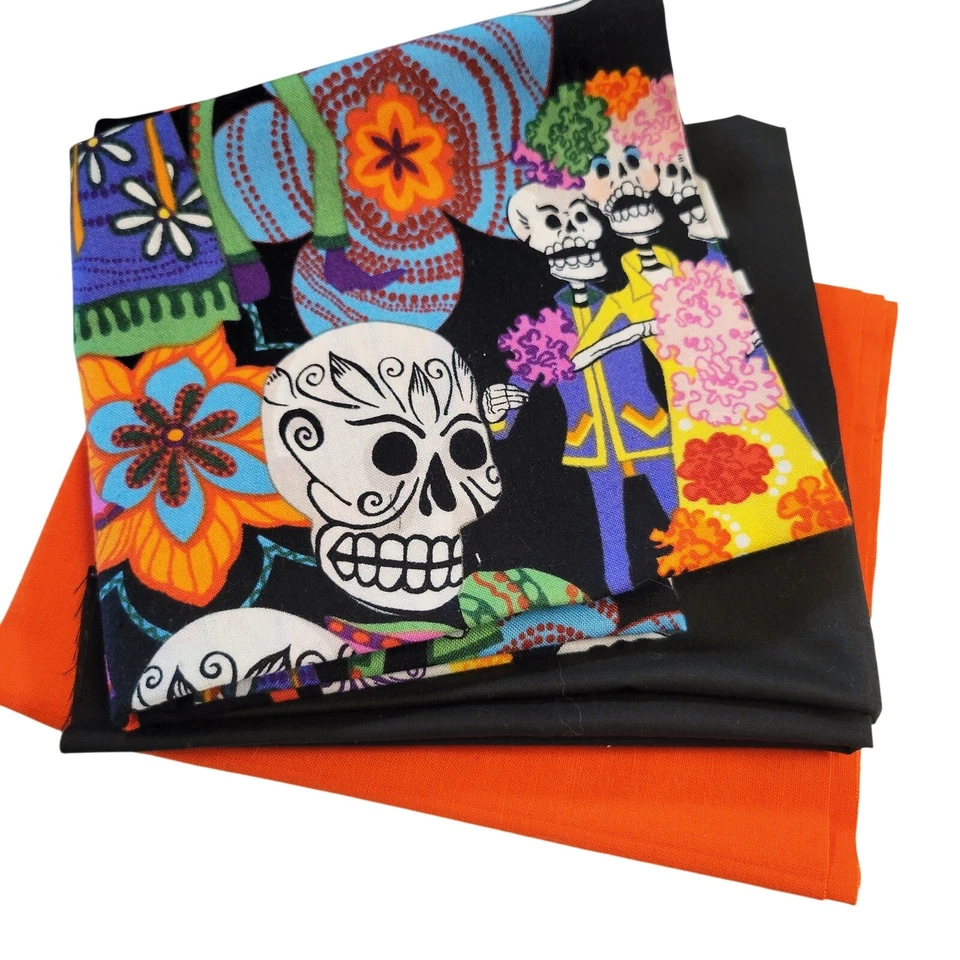 3 Pc Cotton Fabric Dia de los Muertos Solid 22x25–14x22" Day of Dead Halloween - Image 2 of 4