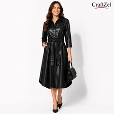 Women's, Genuine Sheep Leather, Black, Shirt Dress, Belted, Midi, Pockets, Elega