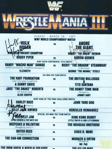 Hulk Hogan and Harley Race Autographed WrestleMania III 8.5x11 Match Listing
