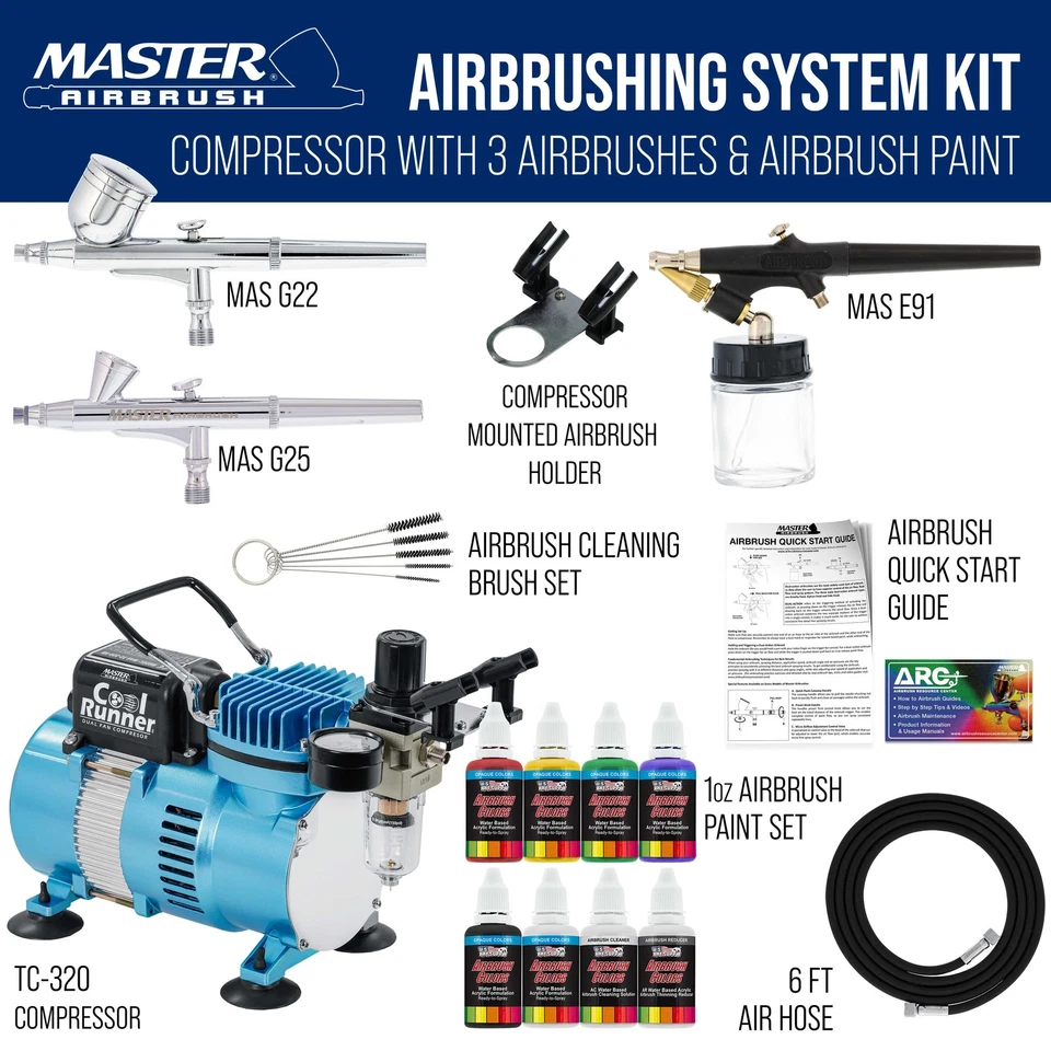 Master 3 Airbrush, Air Compressor Kit, Holder 6 Primary Colors Acrylic Paint Set - Image 2 of 4