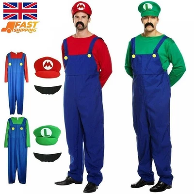 Mens Adult Super Mario and Luigi Fancy Dress Plumber Bros Halloween Costume UK