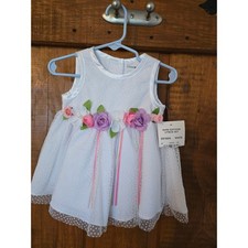 RARE EDITIONS White Swiss Dot Floral Ribbon Special Occasion Dress 12 mon