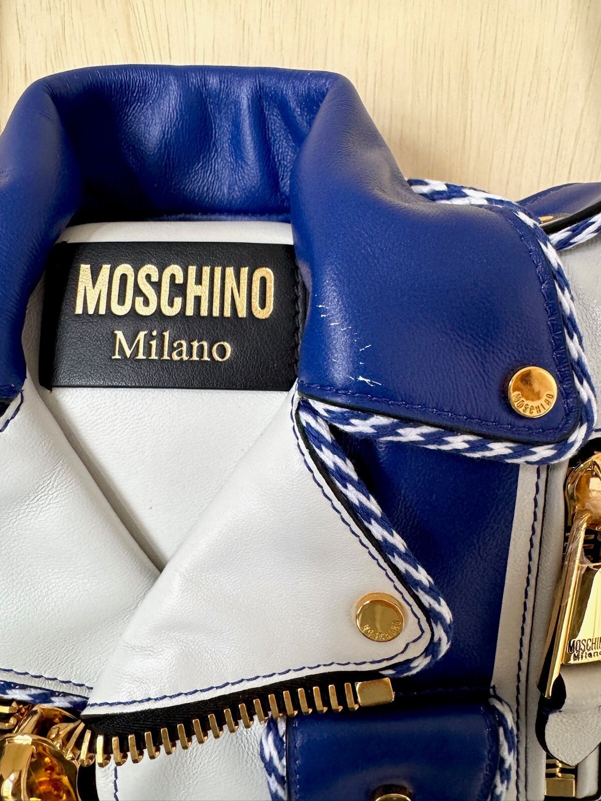 SS23 MOSCHINO Couture Jeremy Scott White Blue Capsule Biker Jacket Shoulder Bag image 7