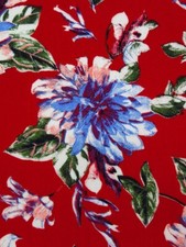 Floral Challis Fabric Boho Mod Flowers Red Mums By the Yard