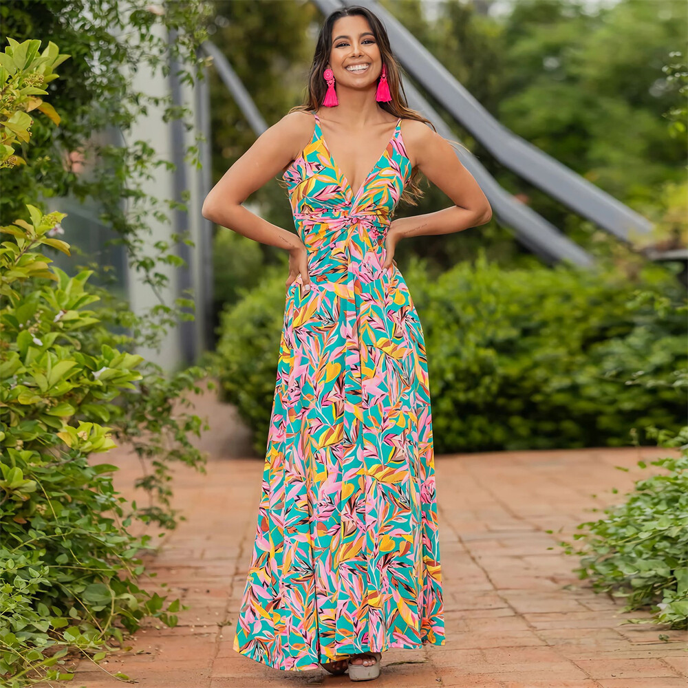 Women's Summer Maxi Dress - Sleeveless Spaghetti Strap Ruffle Tiered Sundress, Backless Loose Beach Dress