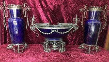 Ensemble  Garniture 1 Coupe et 2 Vases Edouard Gilles Céramique et Fer Forgé