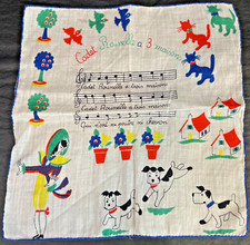 VTG French Children's Hankie Handkerchief CADET ROUSSELLE 3 MAISONS Song Cat Dog