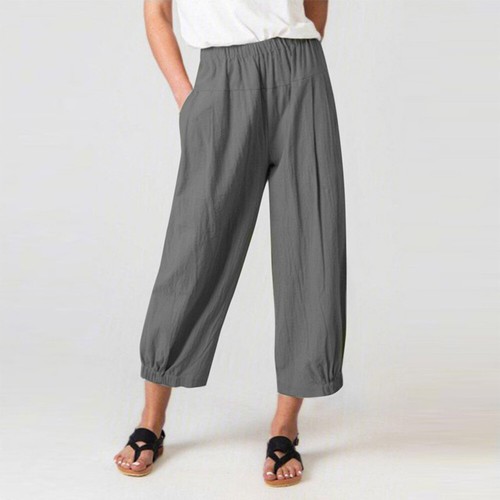 Womens Cotton Linen Cropped Harem Pants Summer High Waist Wide Leg Trousers Size - Picture 10 of 16