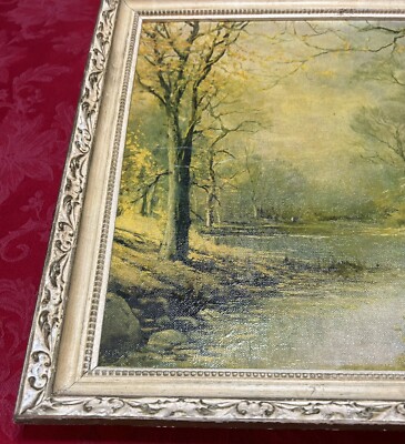 Robert Wood 風景画 額付 サイン入り October Morn Vintage Robert Wood October Morn Hand Signed Oil Print 18” X 16