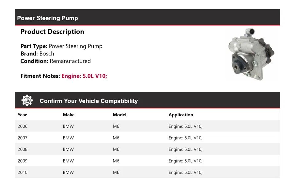 For 2006-2010 BMW M6 5.0L V10 Bosch Power Steering Pump 2007 2008 2009 - Image 2 of 4