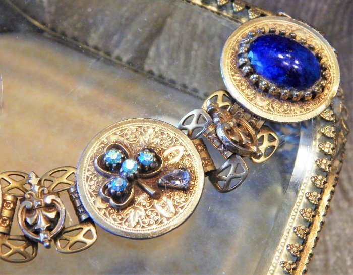 Vintage Fancy Book Link Rhinestone Medallion Station Bracelet  ~ Estate