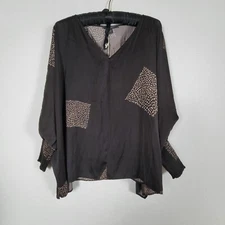 Grade & Gather Womens Black Printed V-Neck Balloon Sleeve Top Blouse Large New