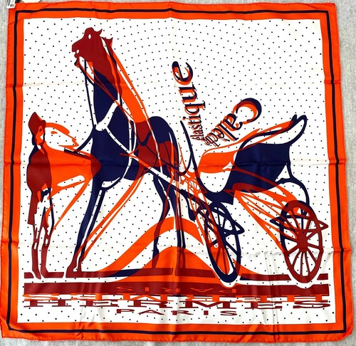 Hermes 100% Scarf Caleche Elastique Carre vintage Large Orange Nevy blue #2225 - Picture 11 of 12