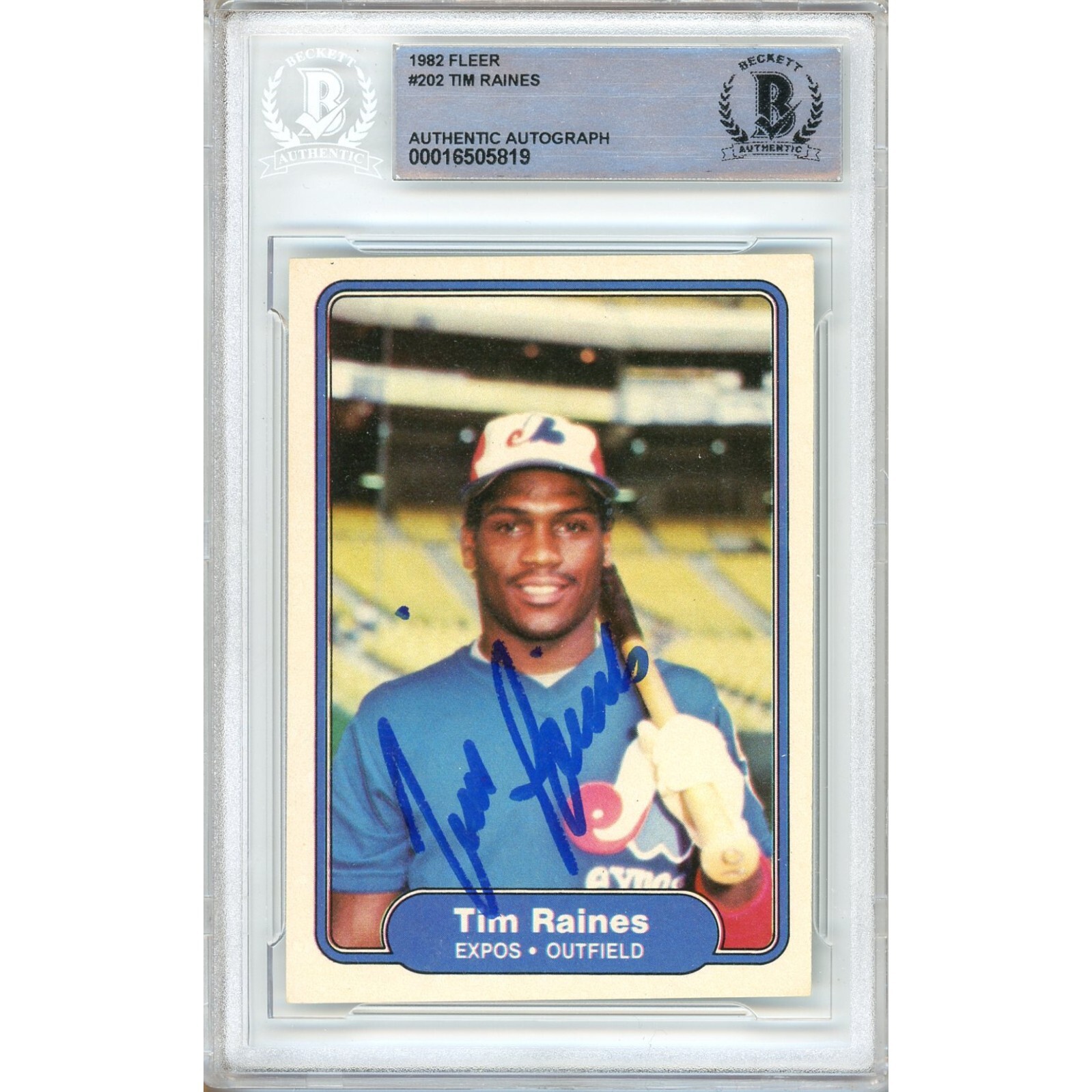 Tim Raines Montreal Expos Auto 1982 Fleer Signed Baseball #202 BAS Auth Slab HOF