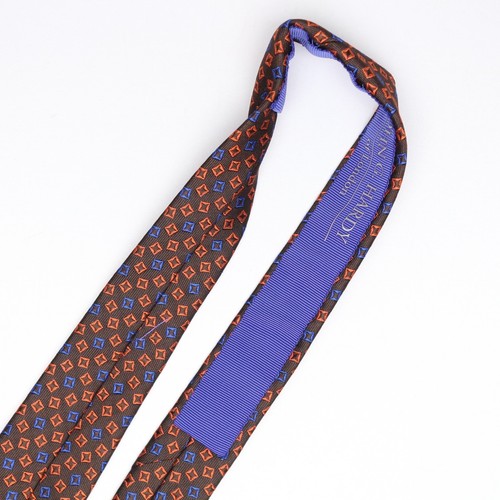 John G Hardy Mens Silk Necktie Brown Orange Blue Scattered Check Tie Italy - Picture 7 of 8