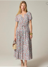 J. Crew Women's Tall Elena Ivory Multi Puff-Sleeve Dress in Crepe-De-Chine TL