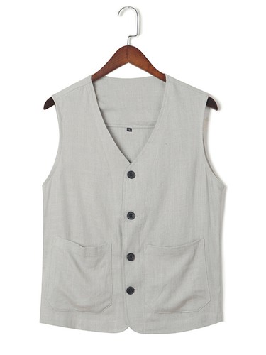 Gilet uomo lino stile cinese retrò top estivo sottile cotone e lino gilet - Foto 2 di 15